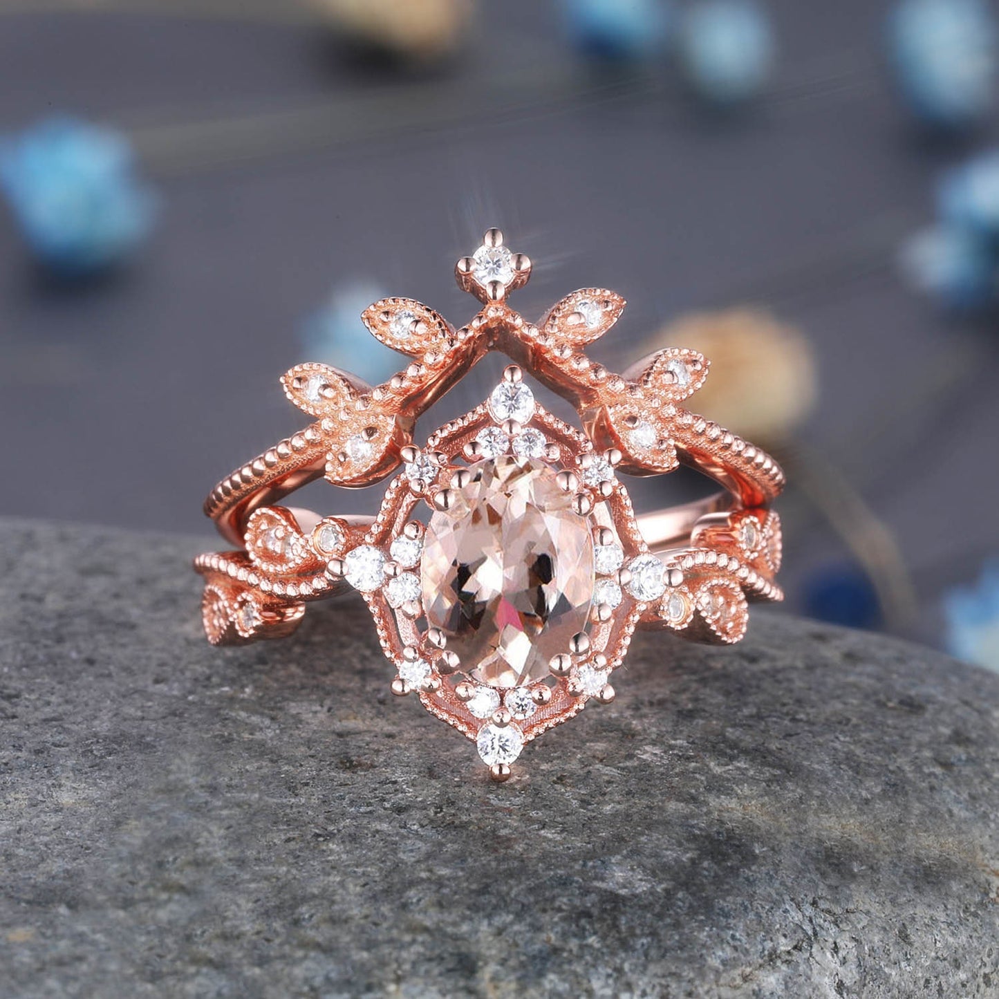 Aquamarine Wedding Ring Set Rose Gold Diamond Stackable Matching Band Aquamarine Engagement Floral Ring Art Deco Milgrain Anniversary