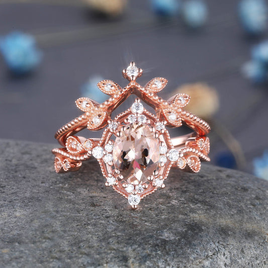 Morganite Engagement Ring Set Rose Gold Diamond Engagement Ring Stacking Art Deco Half Eternity Ring Morganite Promise Ring Valentine Day