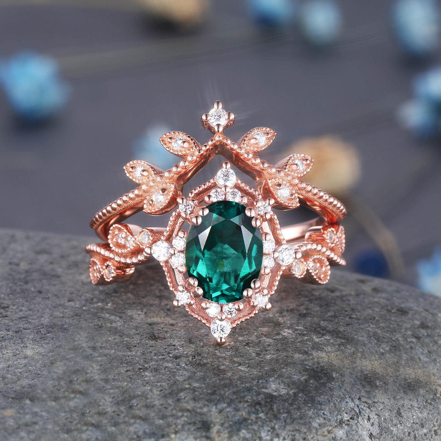 Morganite Engagement Ring Set Rose Gold Diamond Engagement Ring Stacking Art Deco Half Eternity Ring Morganite Promise Ring Valentine Day