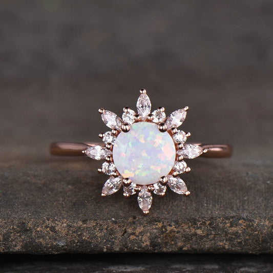 Vintage Opal engagement ring rose gold opal ring unique halo ring opal solitaire ring promise ring October birthstone Anniversary gift