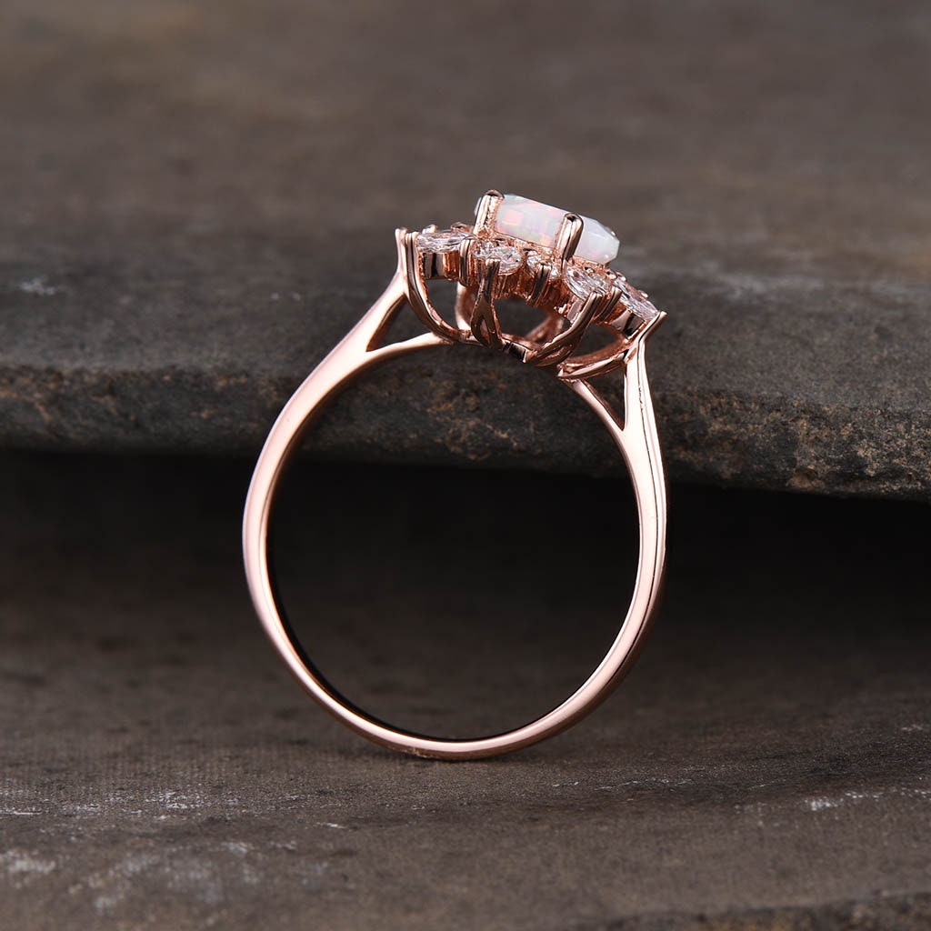 Rose gold blue sandstone ring Round cut blue sandstone engagement ring Unique halo wedding ring solitaire ring promise ring Anniversary