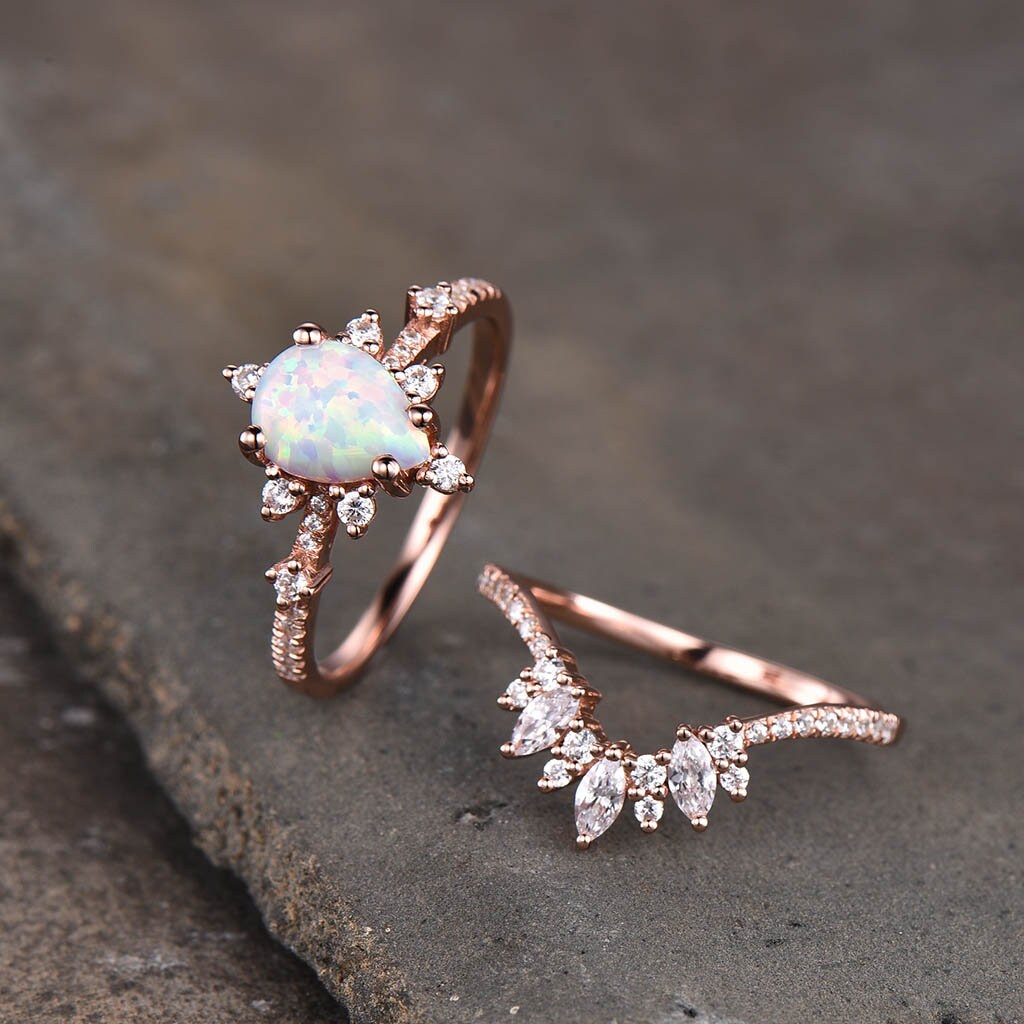 Vintage Opal Engagement Ring Set, Women Rose Gold Rings, Pear Shaped White Opal Ring, Unique Cluster Stacking Band, Promise Gift