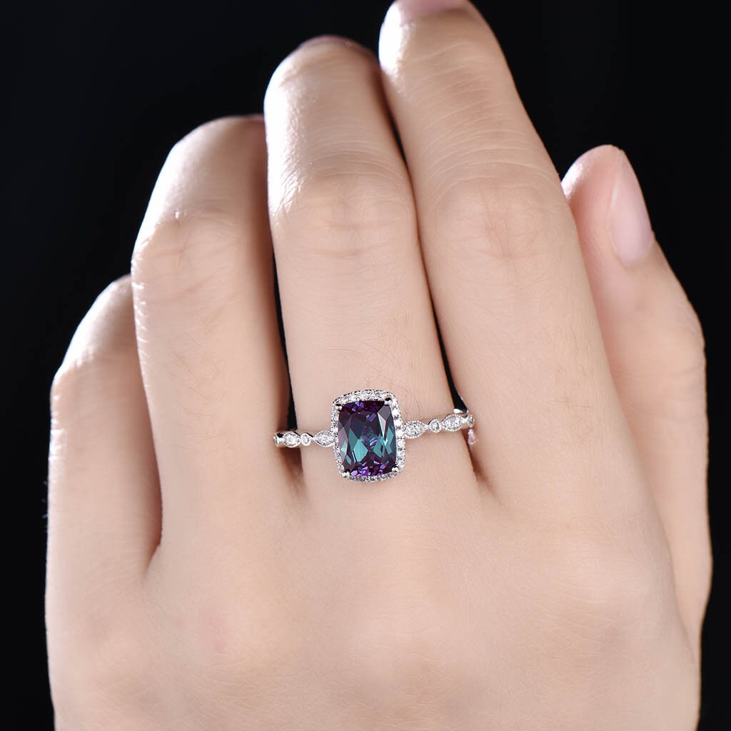 Alexandrite Ring, June Birthstone Ring, 925 Sterling Silver Ring, Cushion Alexandrite Engagement Ring, Art Deco Wedding Ring, Promise Ring