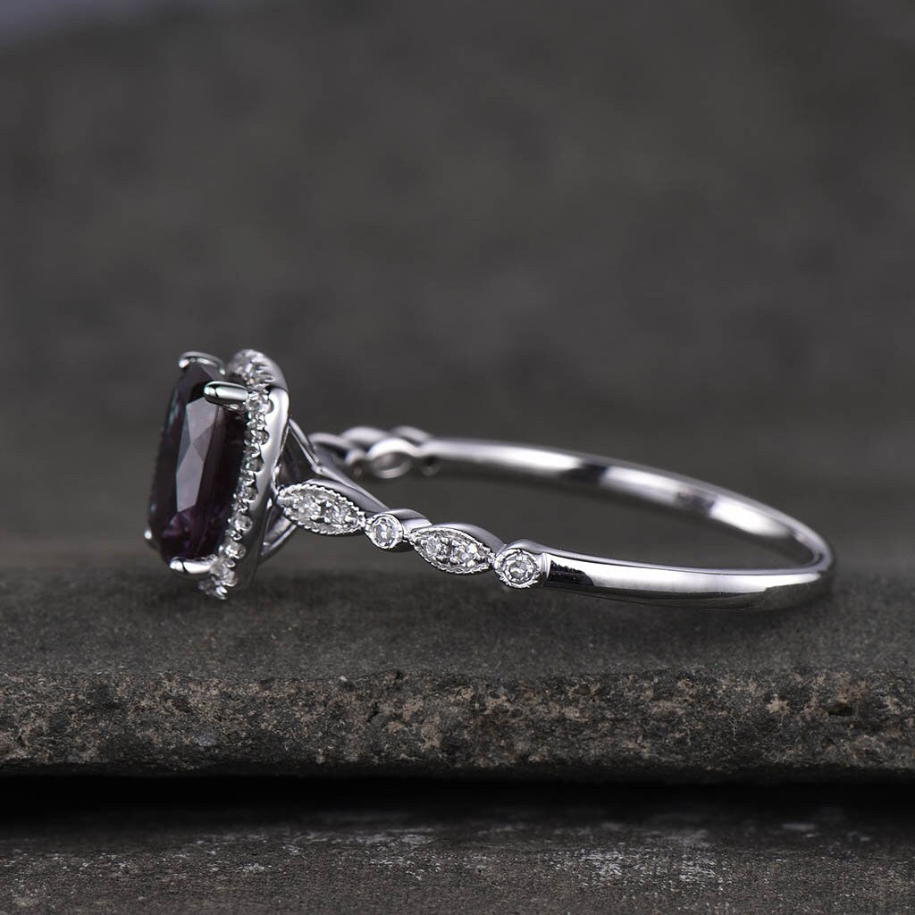 Alexandrite Ring, June Birthstone Ring, 925 Sterling Silver Ring, Cushion Alexandrite Engagement Ring, Art Deco Wedding Ring, Promise Ring