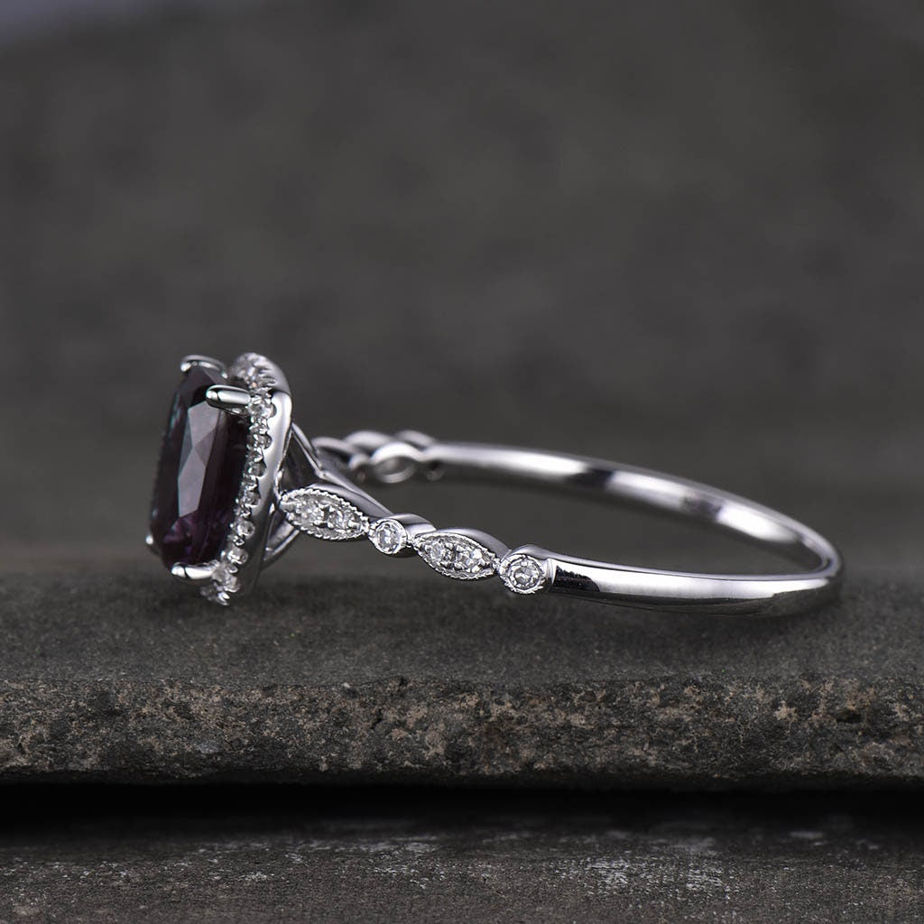 Alexandrite Ring, June Birthstone Ring, 925 Sterling Silver Ring, Cushion Alexandrite Engagement Ring, Art Deco Wedding Ring, Promise Ring