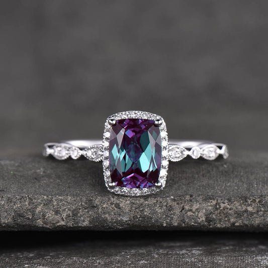 Alexandrite Ring, June Birthstone Ring, 925 Sterling Silver Ring, Cushion Alexandrite Engagement Ring, Art Deco Wedding Ring, Promise Ring