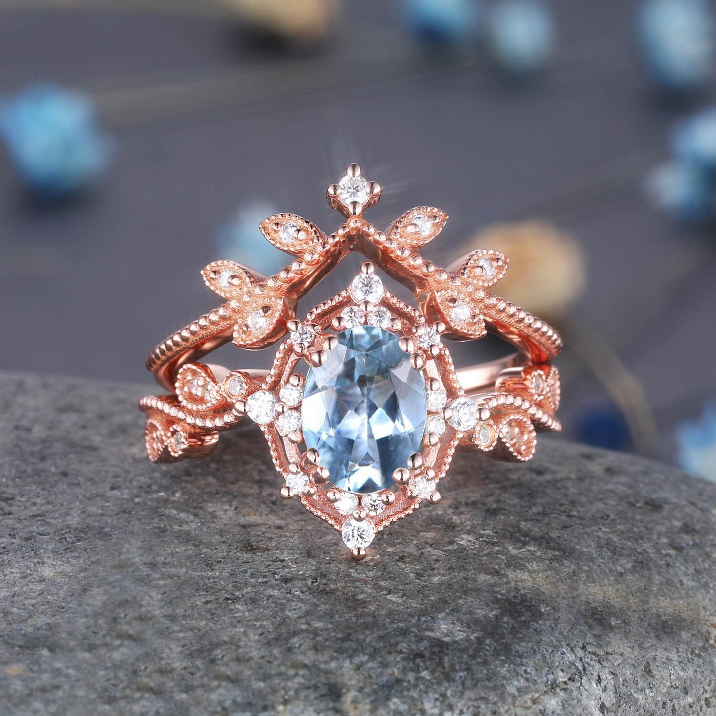 Rose Gold Garnet Engagement Ring Set Garnet Promise Ring Diamond Wedding Ring Stacking Bridal Set Halo Ring Valentine Day Gift For Her