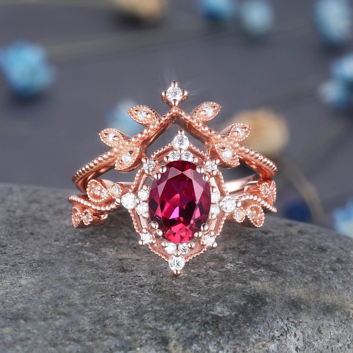 Vintage Ruby Ring Rose Gold Engagement Ring Set Diamond Ruby Wedding Ring Women Diamond Stacking Matching Band Art Deco Milgrain Jewelry