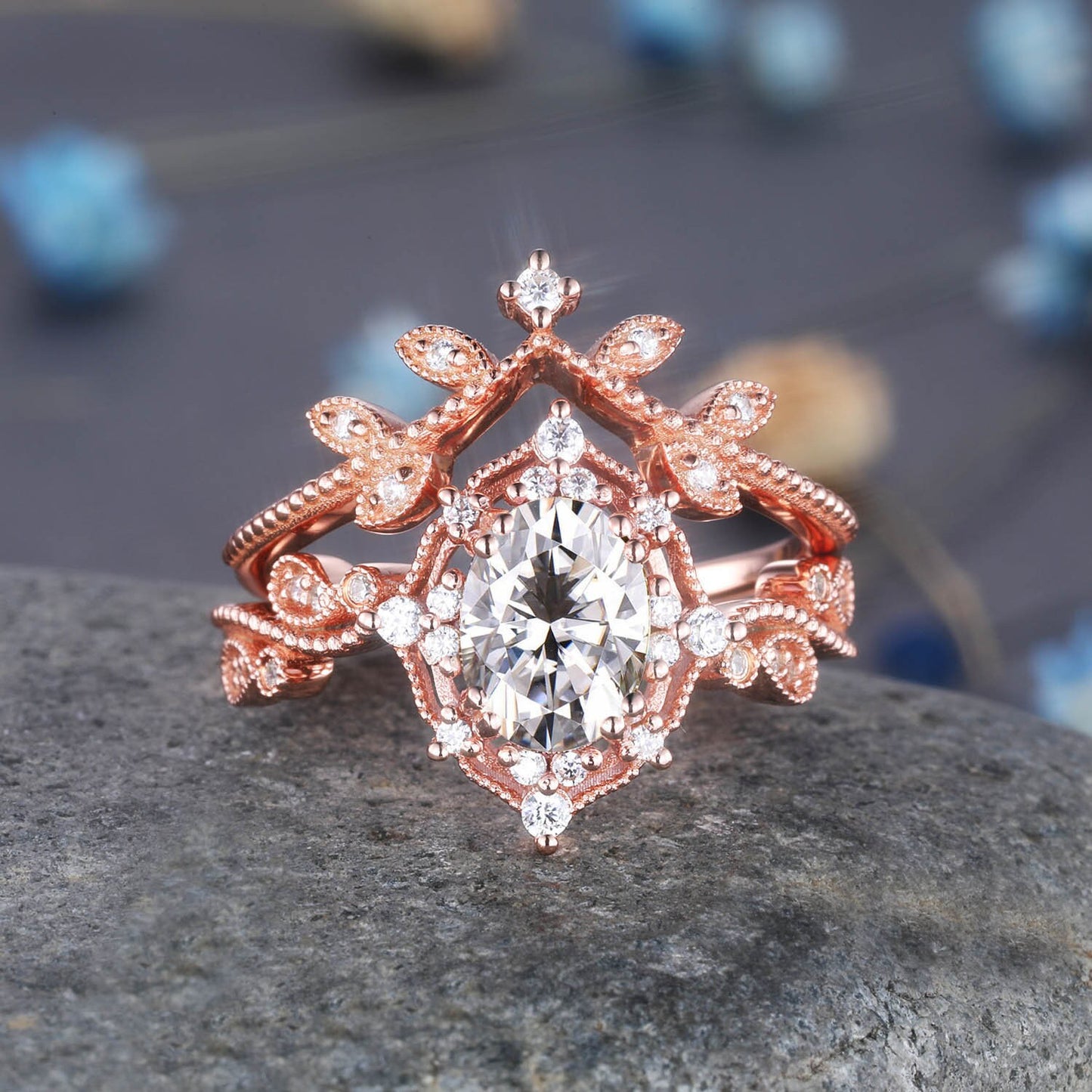 Rose Gold Garnet Engagement Ring Set Garnet Promise Ring Diamond Wedding Ring Stacking Bridal Set Halo Ring Valentine Day Gift For Her