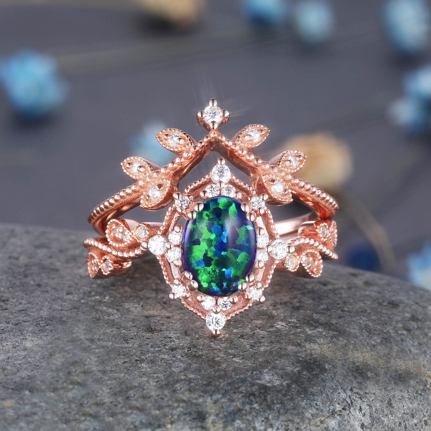 Rose Gold Garnet Engagement Ring Set Garnet Promise Ring Diamond Wedding Ring Stacking Bridal Set Halo Ring Valentine Day Gift For Her
