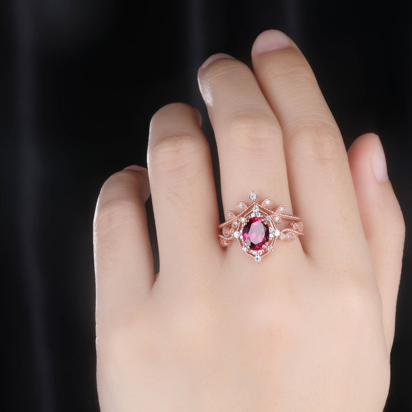 Vintage Ruby Ring Rose Gold Engagement Ring Set Diamond Ruby Wedding Ring Women Diamond Stacking Matching Band Art Deco Milgrain Jewelry