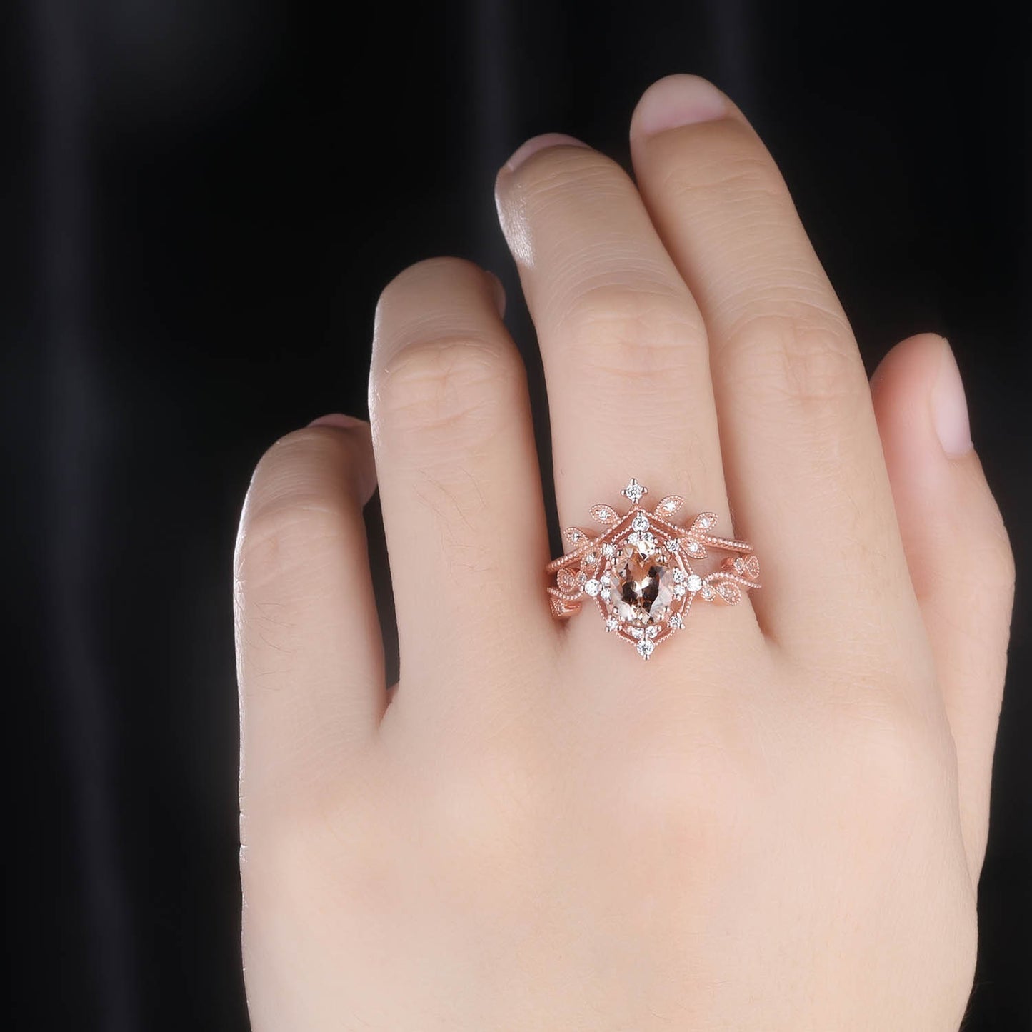 Morganite Engagement Ring Set Rose Gold Diamond Engagement Ring Stacking Art Deco Half Eternity Ring Morganite Promise Ring Valentine Day