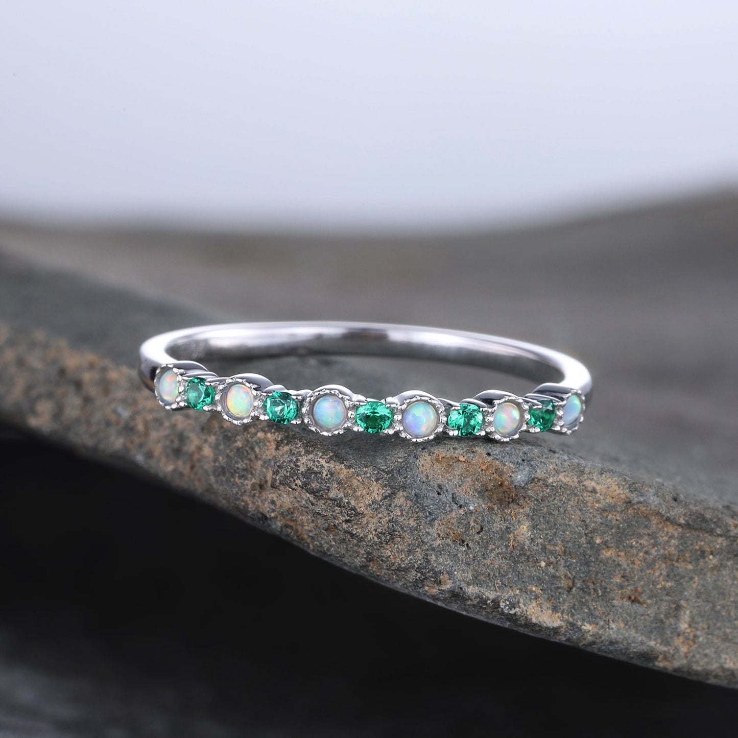 Opal Emerald Wedding Ring Opal Wedding Band Rose Gold Ring Dainty Stacking Ring Art deco Gemstone Band Anniversary Gift for Women