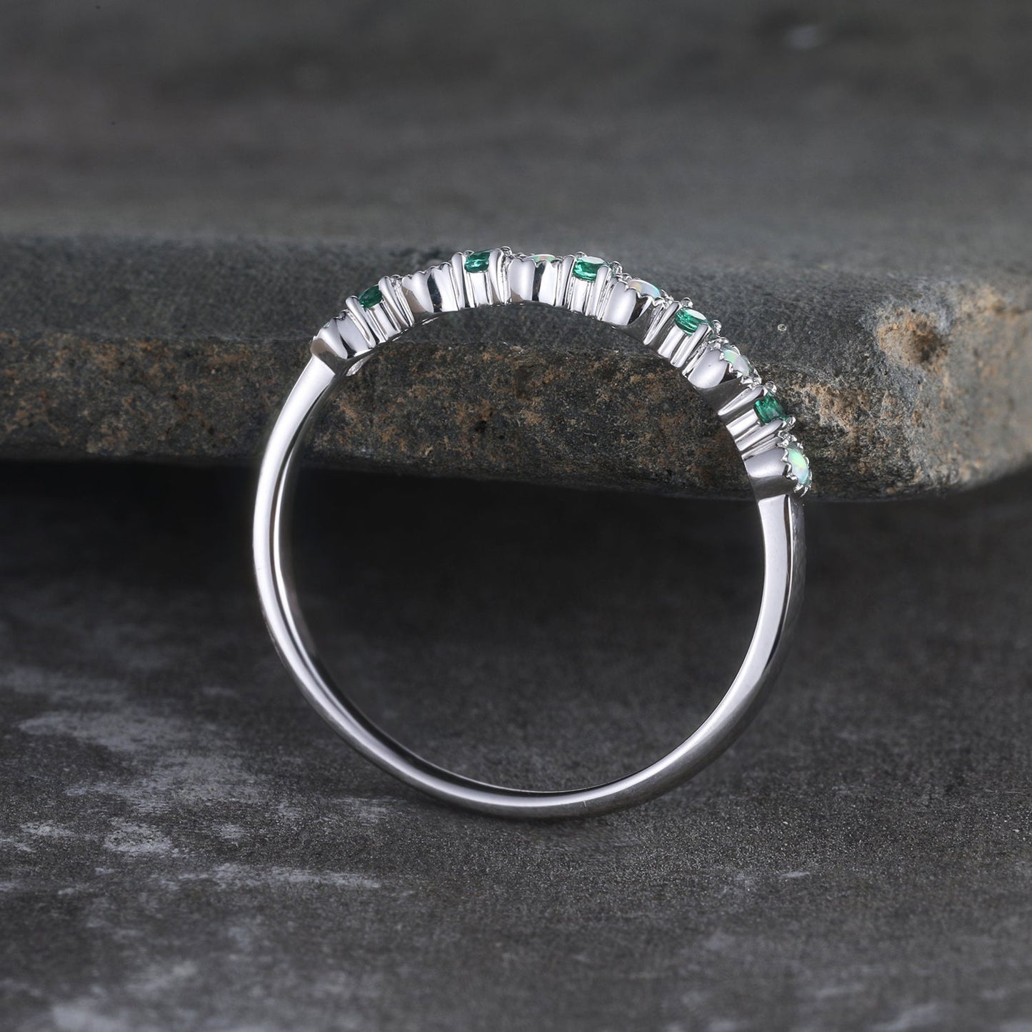 Opal Emerald Wedding Ring Opal Wedding Band Rose Gold Ring Dainty Stacking Ring Art deco Gemstone Band Anniversary Gift for Women
