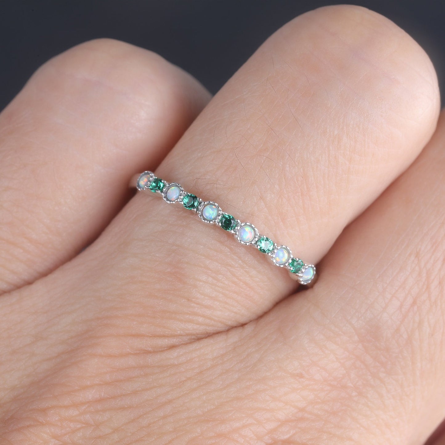 Emerald Opal Wedding Band Sterling Silver Emerald Wedding Ring Opal Band Art Deco Stacking Matching Band Anniversary Ring Gift for her