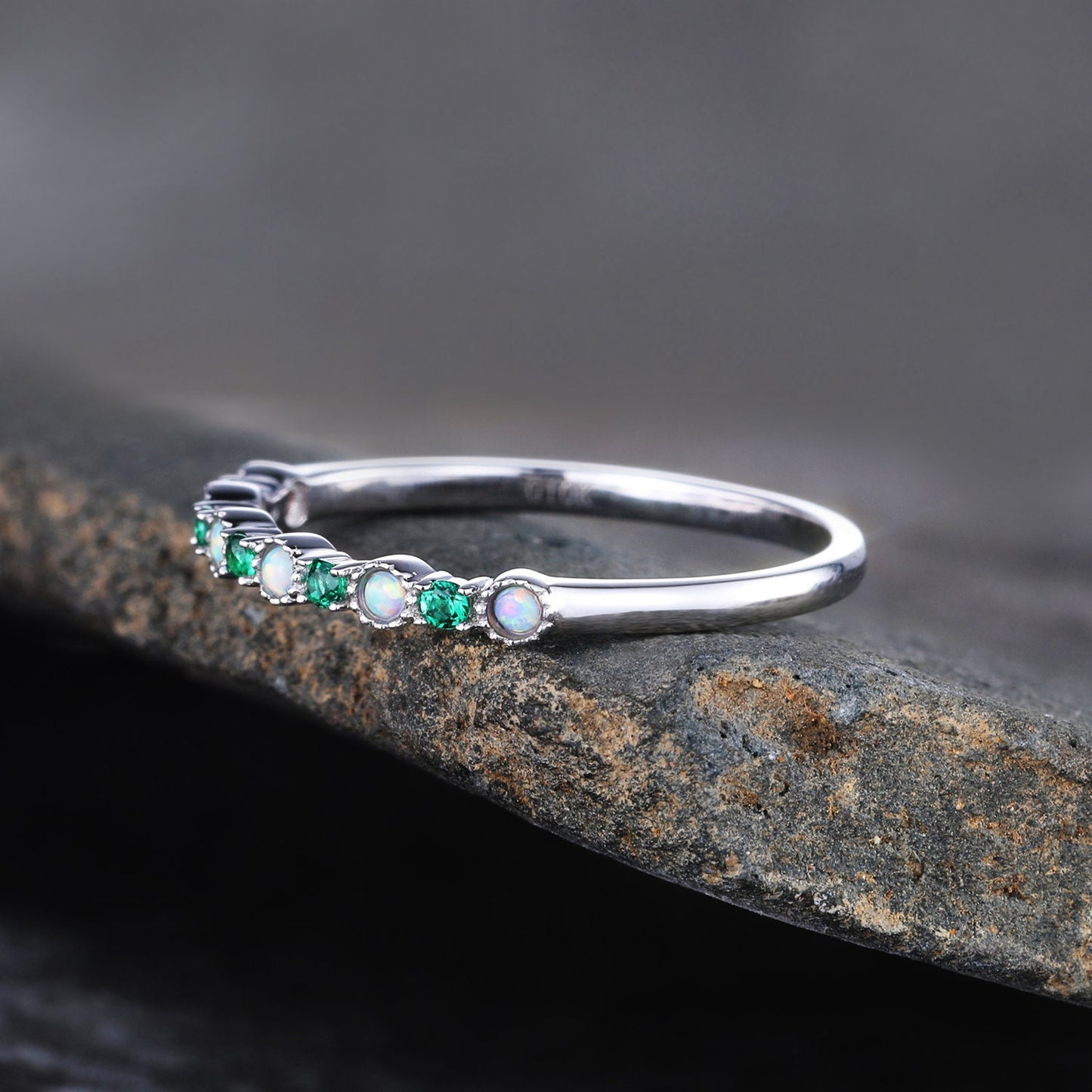 Emerald Opal Wedding Band Sterling Silver Emerald Wedding Ring Opal Band Art Deco Stacking Matching Band Anniversary Ring Gift for her