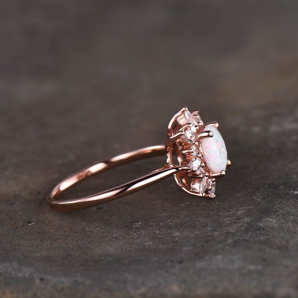 Rose gold blue sandstone ring Round cut blue sandstone engagement ring Unique halo wedding ring solitaire ring promise ring Anniversary