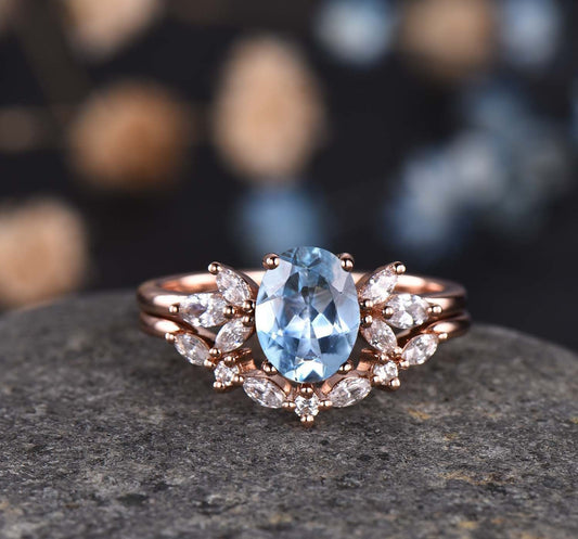 Aquamarine ring set aquamarine engagement ring moissanite band aquamarine bridal set Valentines day gift for women March birthstone Ring
