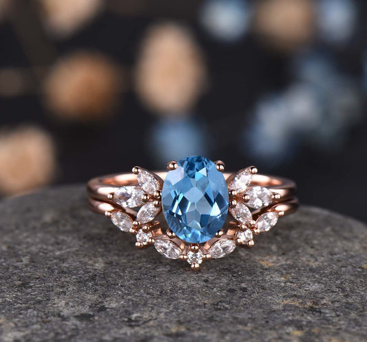Oval blue topaz engagement ring set topaz wedding ring moissanite matching band November birthstone Valentines day gift for her handmade