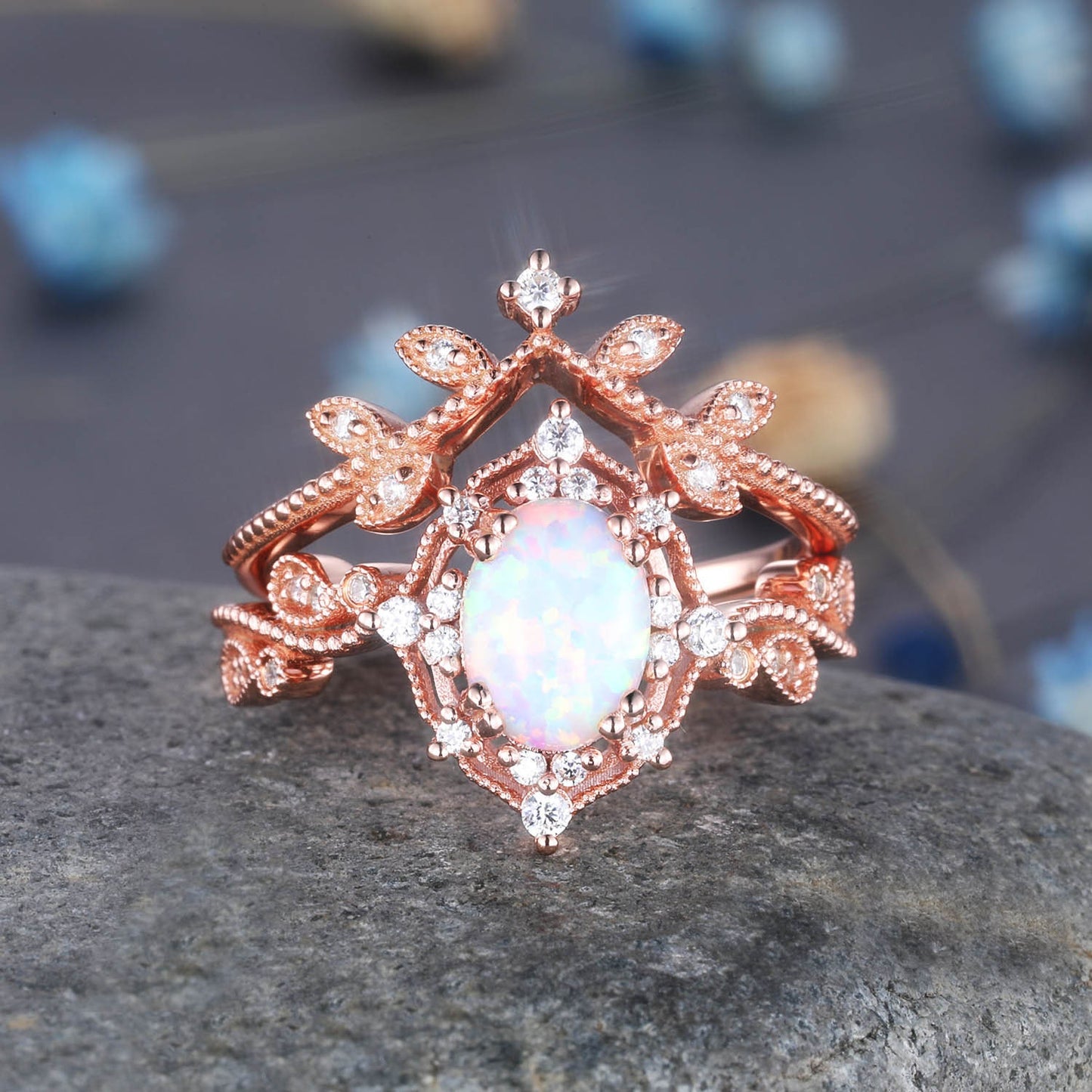 Vintage Ruby Ring Rose Gold Engagement Ring Set Diamond Ruby Wedding Ring Women Diamond Stacking Matching Band Art Deco Milgrain Jewelry