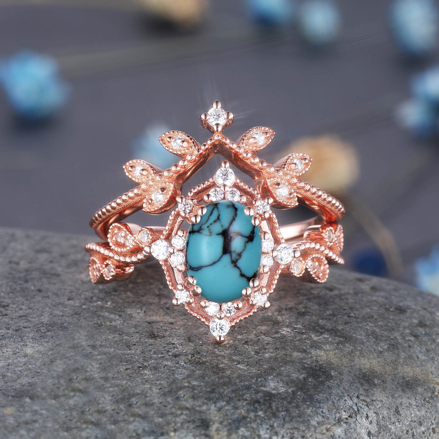 Vintage Ruby Ring Rose Gold Engagement Ring Set Diamond Ruby Wedding Ring Women Diamond Stacking Matching Band Art Deco Milgrain Jewelry