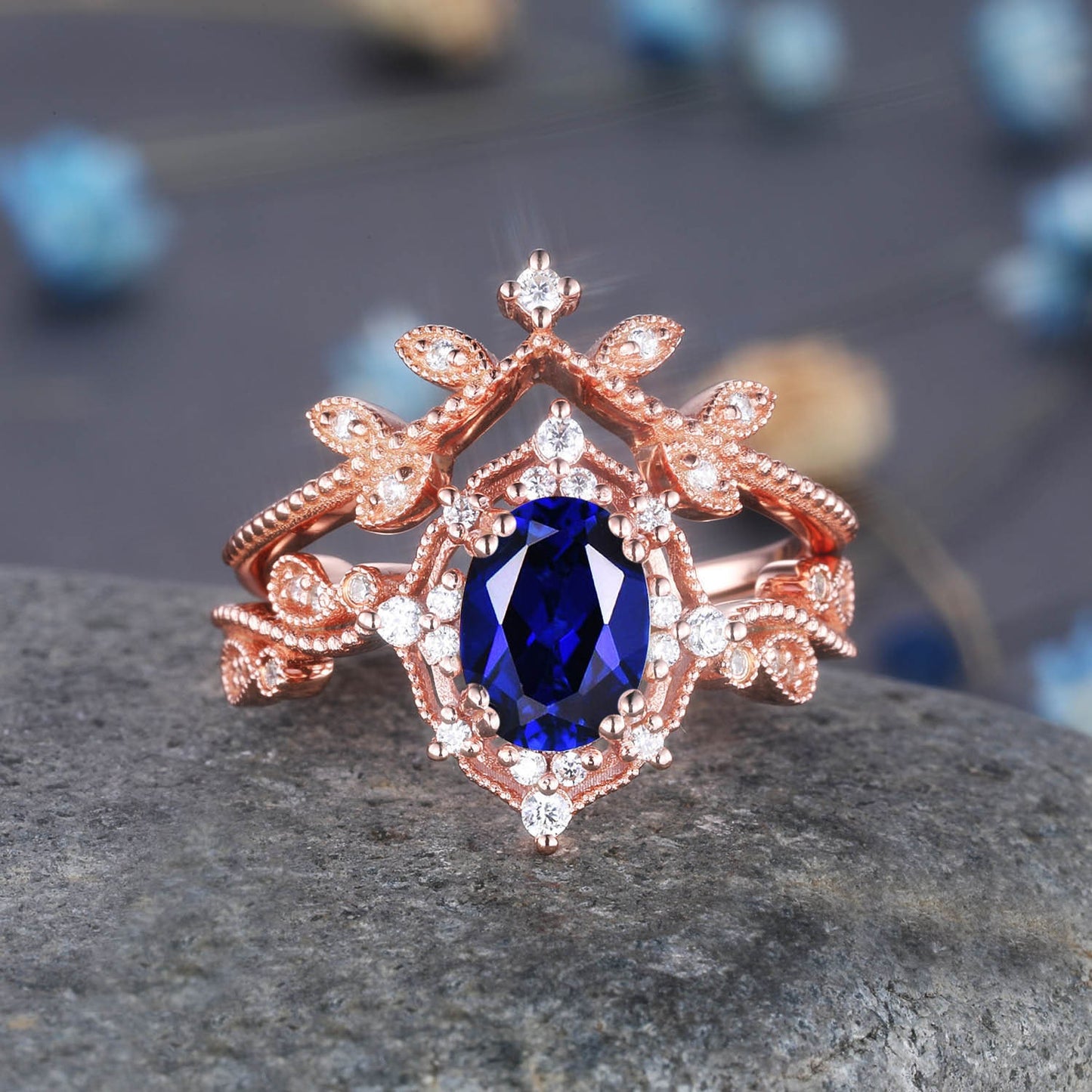 Rose Gold Garnet Engagement Ring Set Garnet Promise Ring Diamond Wedding Ring Stacking Bridal Set Halo Ring Valentine Day Gift For Her