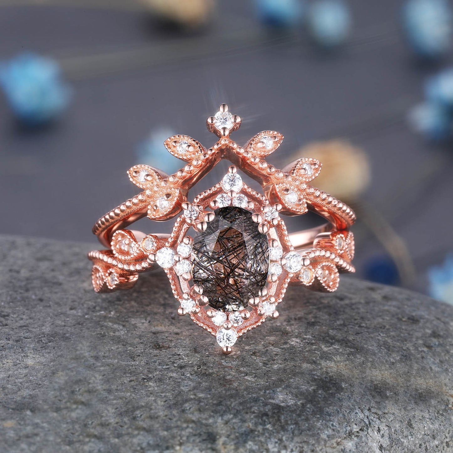Rose Gold Garnet Engagement Ring Set Garnet Promise Ring Diamond Wedding Ring Stacking Bridal Set Halo Ring Valentine Day Gift For Her