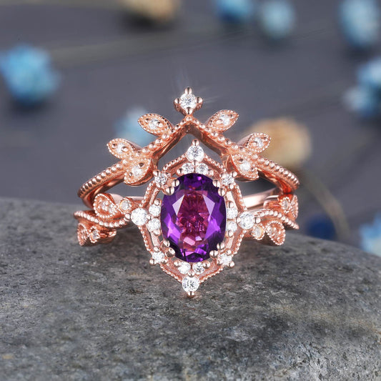 Amethyst engagement ring set rose gold engagement ring diamond stacking matching band floral vintage art deco ring Valentine day gift