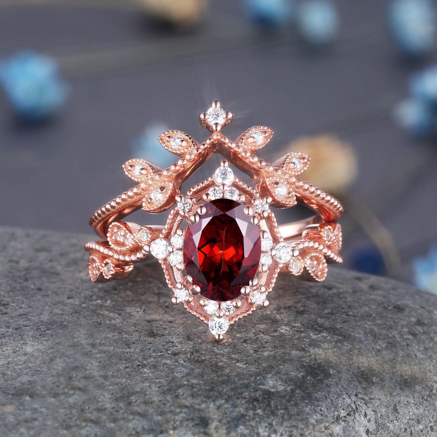 Rose Gold Garnet Engagement Ring Set Garnet Promise Ring Diamond Wedding Ring Stacking Bridal Set Halo Ring Valentine Day Gift For Her