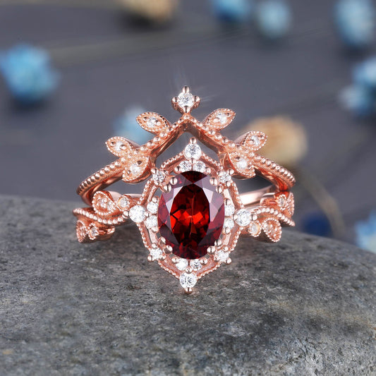 Rose Gold Garnet Engagement Ring Set Garnet Promise Ring Diamond Wedding Ring Stacking Bridal Set Halo Ring Valentine Day Gift For Her