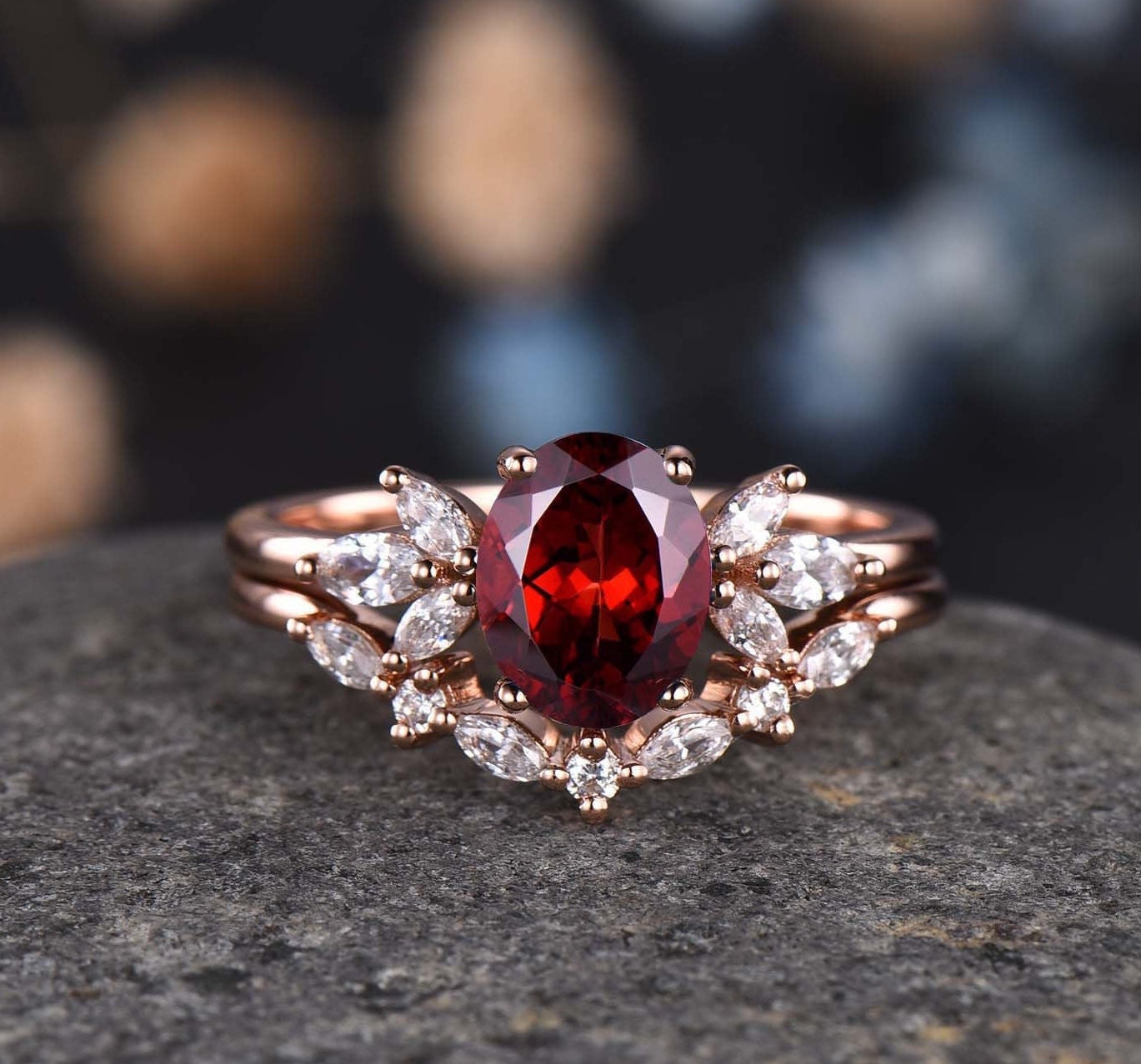 Ruby Engagement Ring Oval Cut Created Red Ruby Ring 14k Rose Gold Moissanite Band Crown Bridal Jewelry Unique Design Jewelry Bridal Ring Set