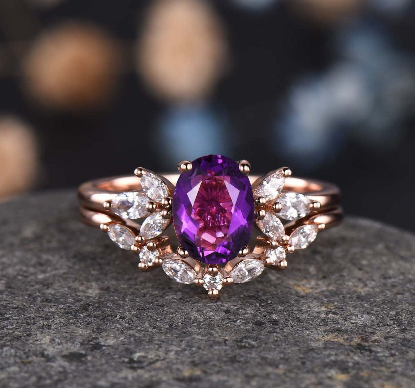 Blue Sapphire Ring Oval Sapphire Engagement Ring Rose Gold Women Moissanite Sapphire Wedding Ring Set Art Deco Stacking Bridal Set 14k