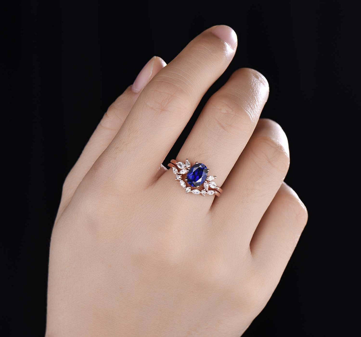 Blue Sapphire Ring Oval Sapphire Engagement Ring 14k White Gold Women Moissanite Sapphire Wedding Ring Set Art Deco Stacking Bridal Set 14k