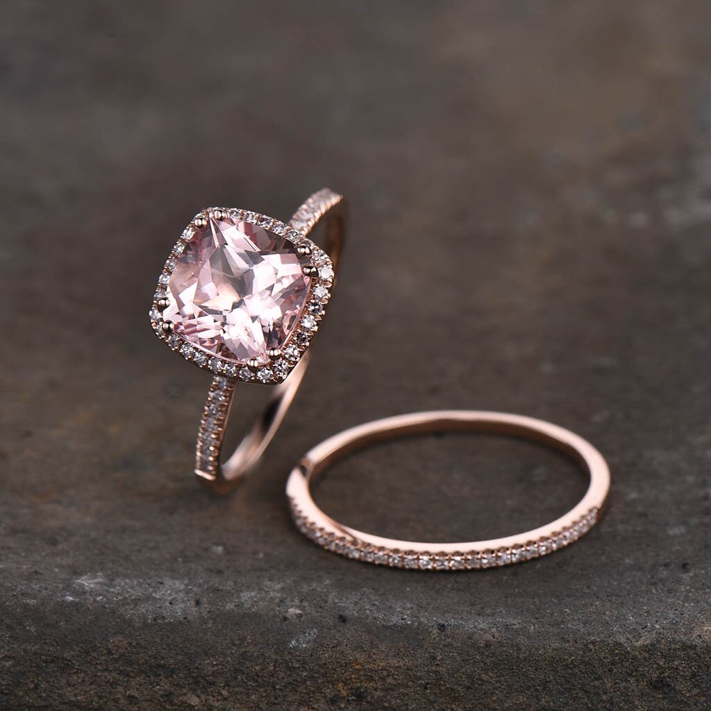 3.00 Ct Cushion Cut Morganite Engagement Ring, Rose Gold Morganite Wedding Ring set, Half eternity Wedding band set, Anniversary ring