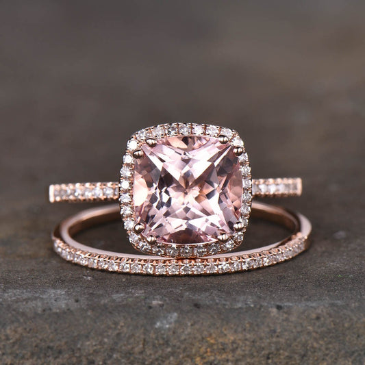 3.00 Ct Cushion Cut Morganite Engagement Ring, Rose Gold Morganite Wedding Ring set, Half eternity Wedding band set, Anniversary ring
