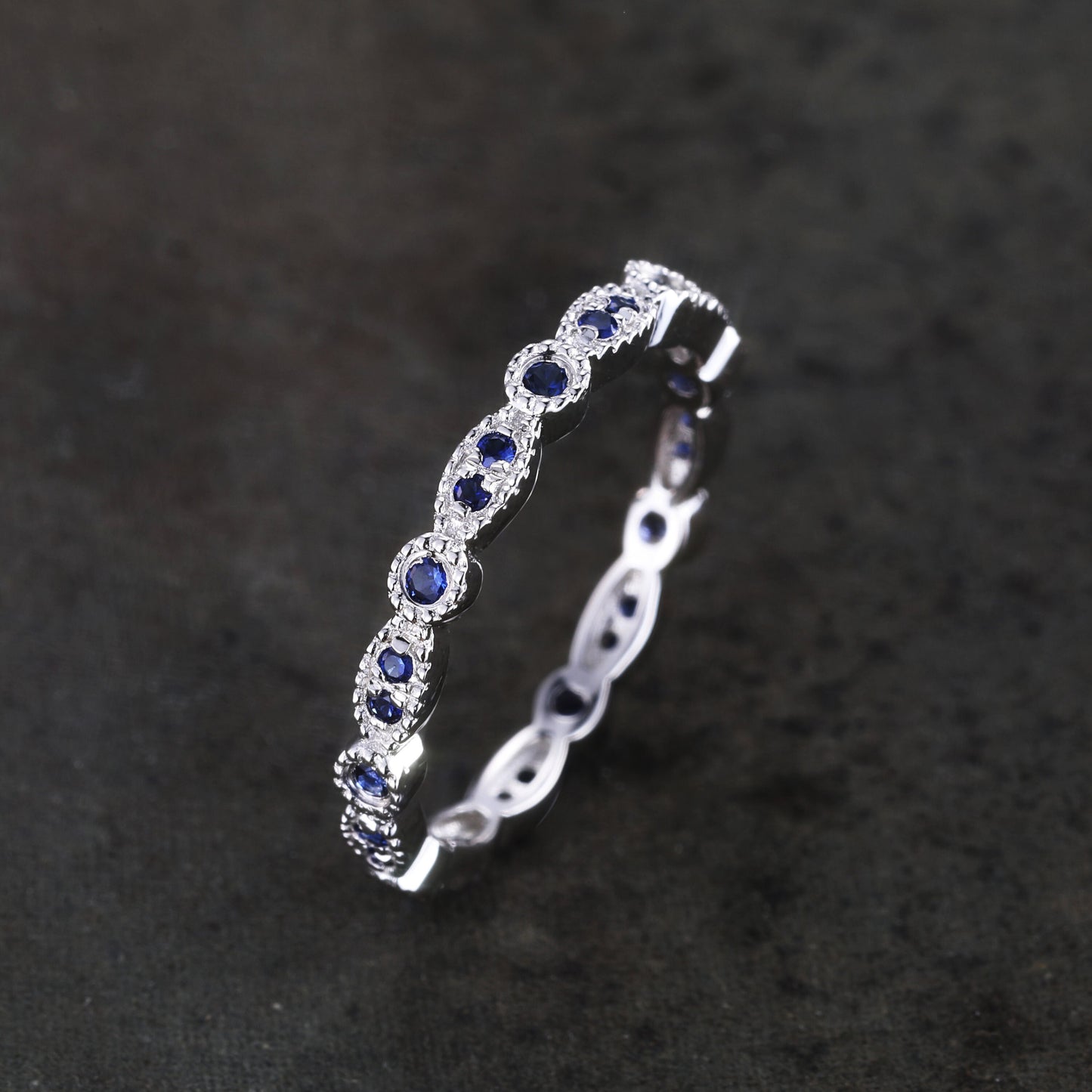 Sapphire Ring, Full Eternity Sapphire Wedding Band, September Birthstone Ring, Art deco Matching Band, Anniversary Gift, Sterling Sliver