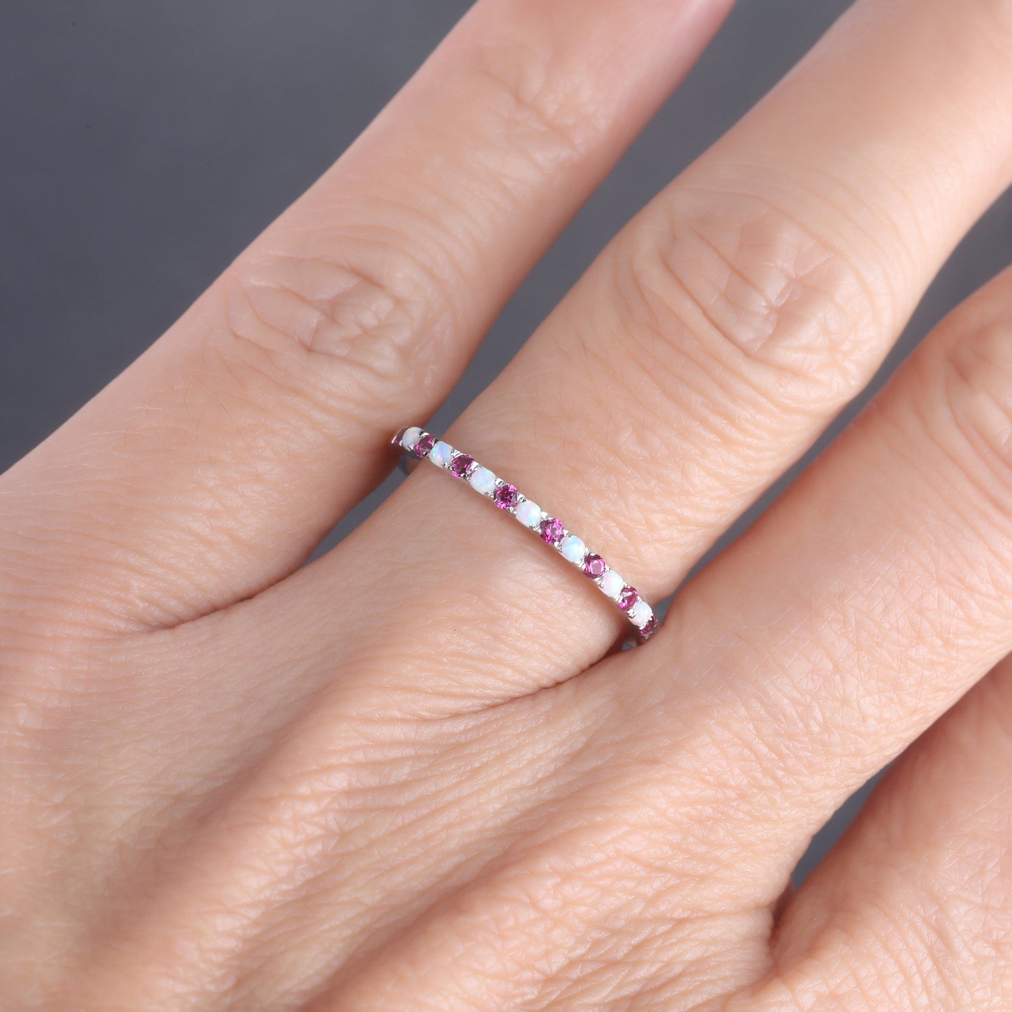 Half Eternity Opal Ruby Wedding Ring, Dainty Opal Wedding Band, Sterling Silver Ring, October Birthstone Ring, Anniversary Gift for Her