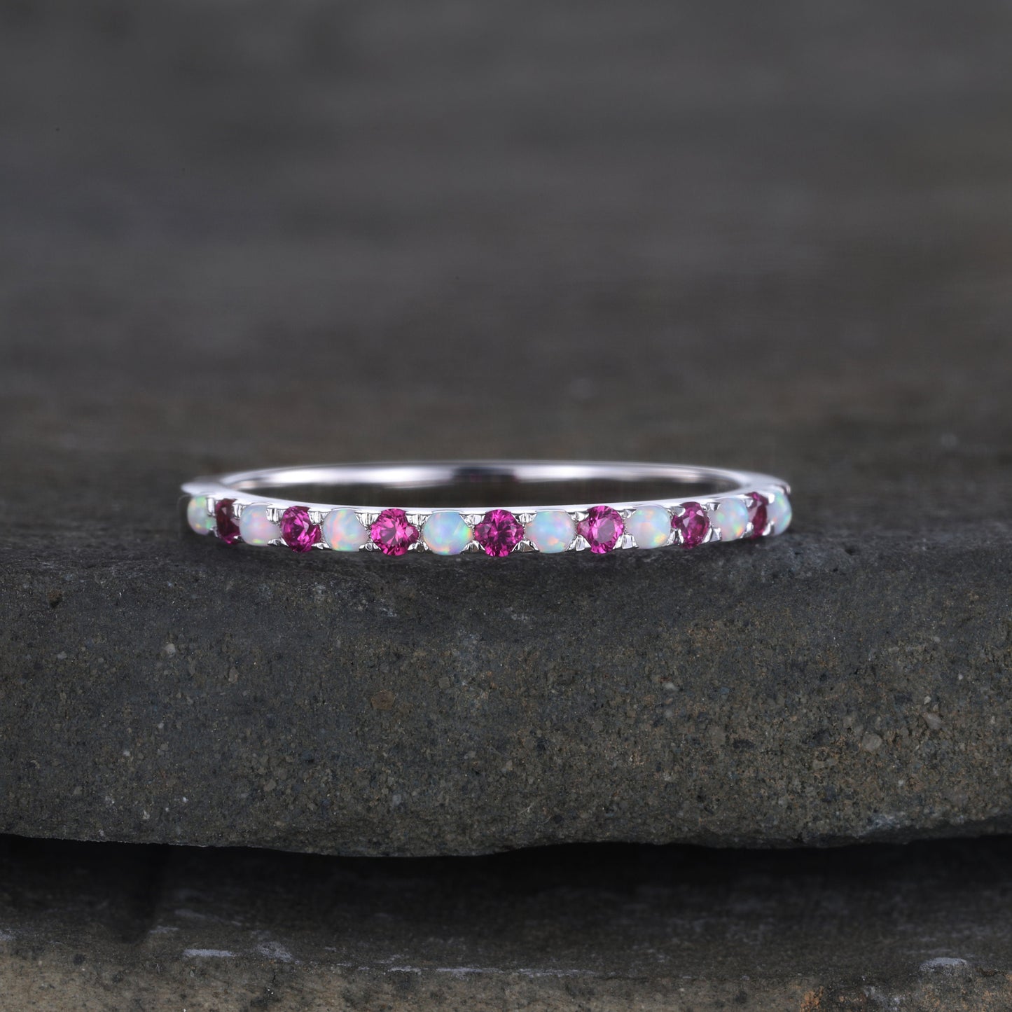 Half Eternity Opal Ruby Wedding Ring, Dainty Opal Wedding Band, Sterling Silver Ring, October Birthstone Ring, Anniversary Gift for Her
