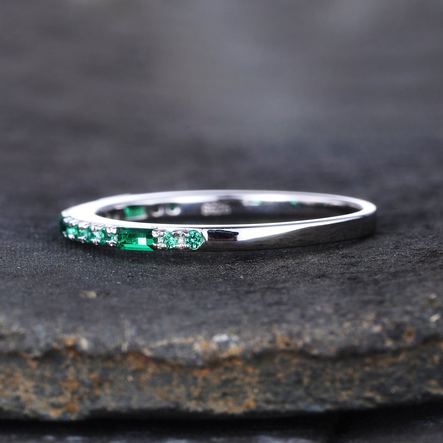 Emerald Ring, Sterling Silver Ring, Half Eternity Emerald Wedding Band, Baguette Ring, Stacking Band, May Birthstone, Anniversary Ring