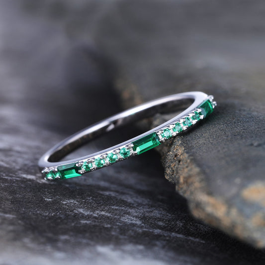 Emerald Ring, Sterling Silver Ring, Half Eternity Emerald Wedding Band, Baguette Ring, Stacking Band, May Birthstone, Anniversary Ring