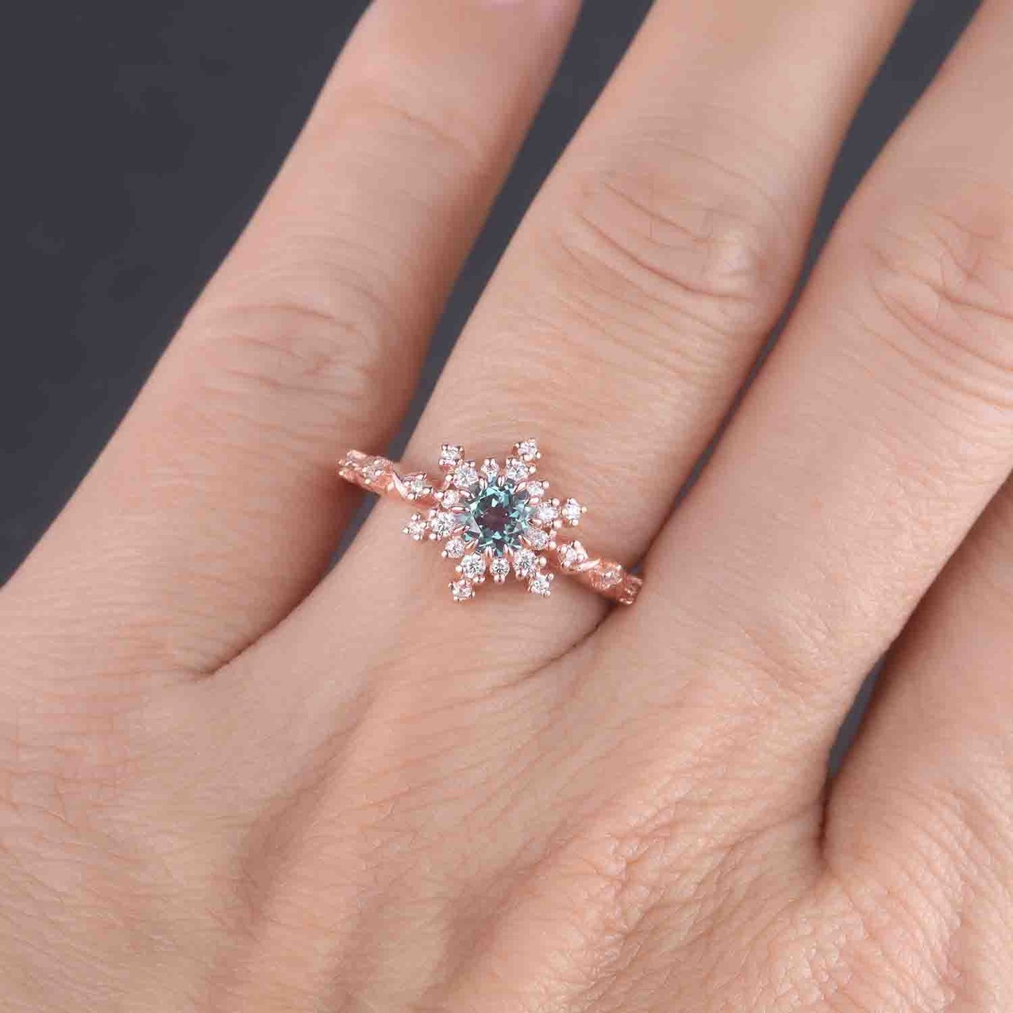 Alexandrite Engagement Ring Set Rose Gold Curved Diamond Stacking Band Round Alexandrite Halo Ring Milgrain Promise Jewelry For Women