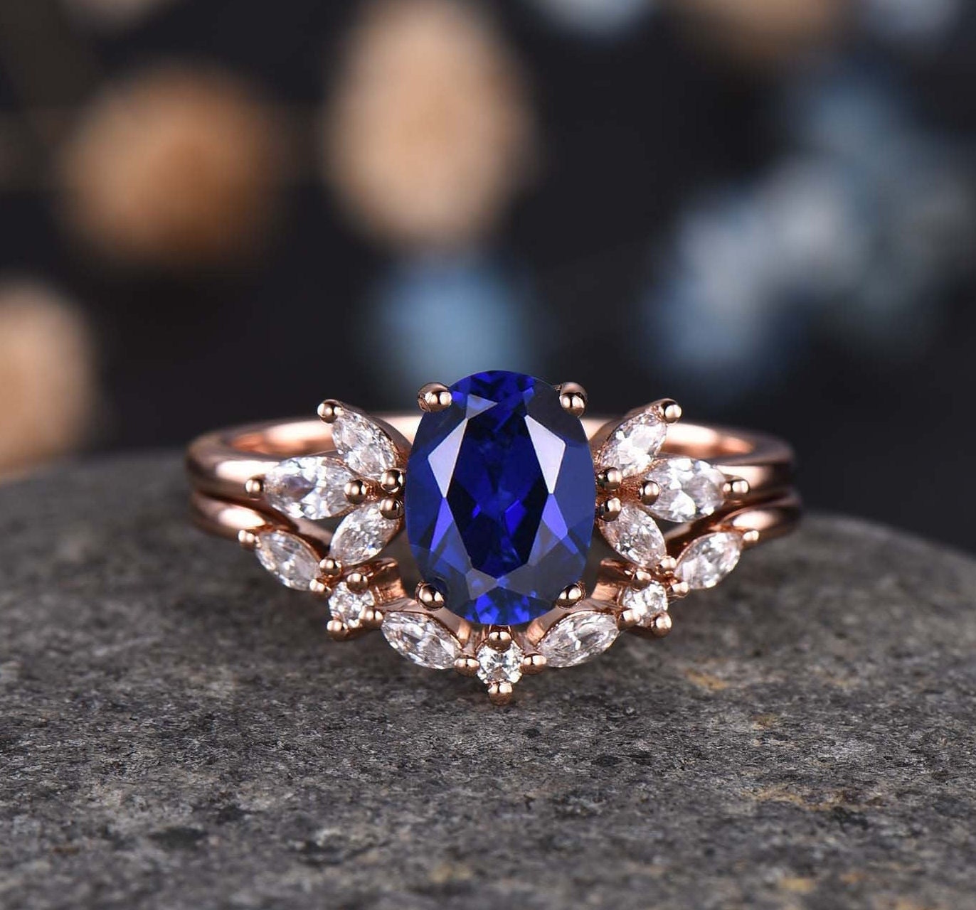 Blue Sapphire Ring Oval Sapphire Engagement Ring 14k White Gold Women Moissanite Sapphire Wedding Ring Set Art Deco Stacking Bridal Set 14k
