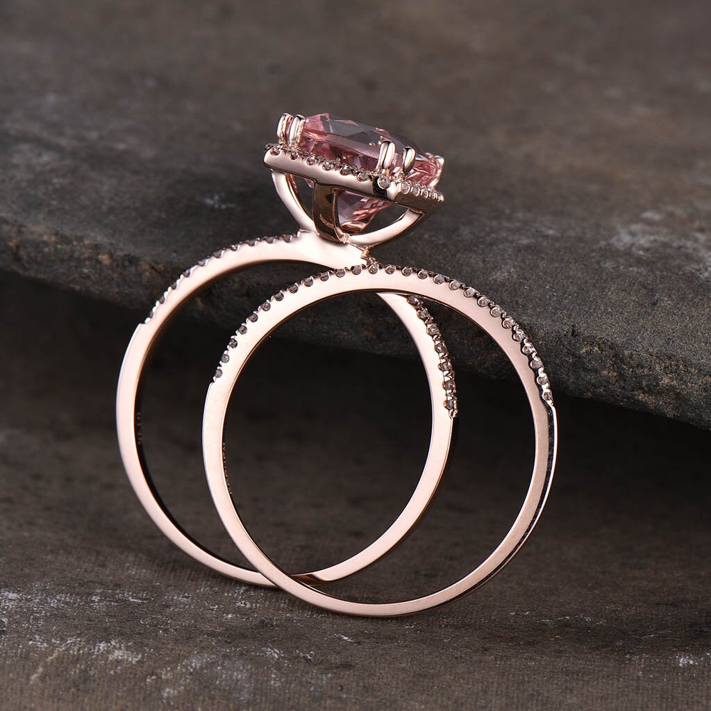 3.00 Ct Cushion Cut Morganite Engagement Ring, Rose Gold Morganite Wedding Ring set, Half eternity Wedding band set, Anniversary ring
