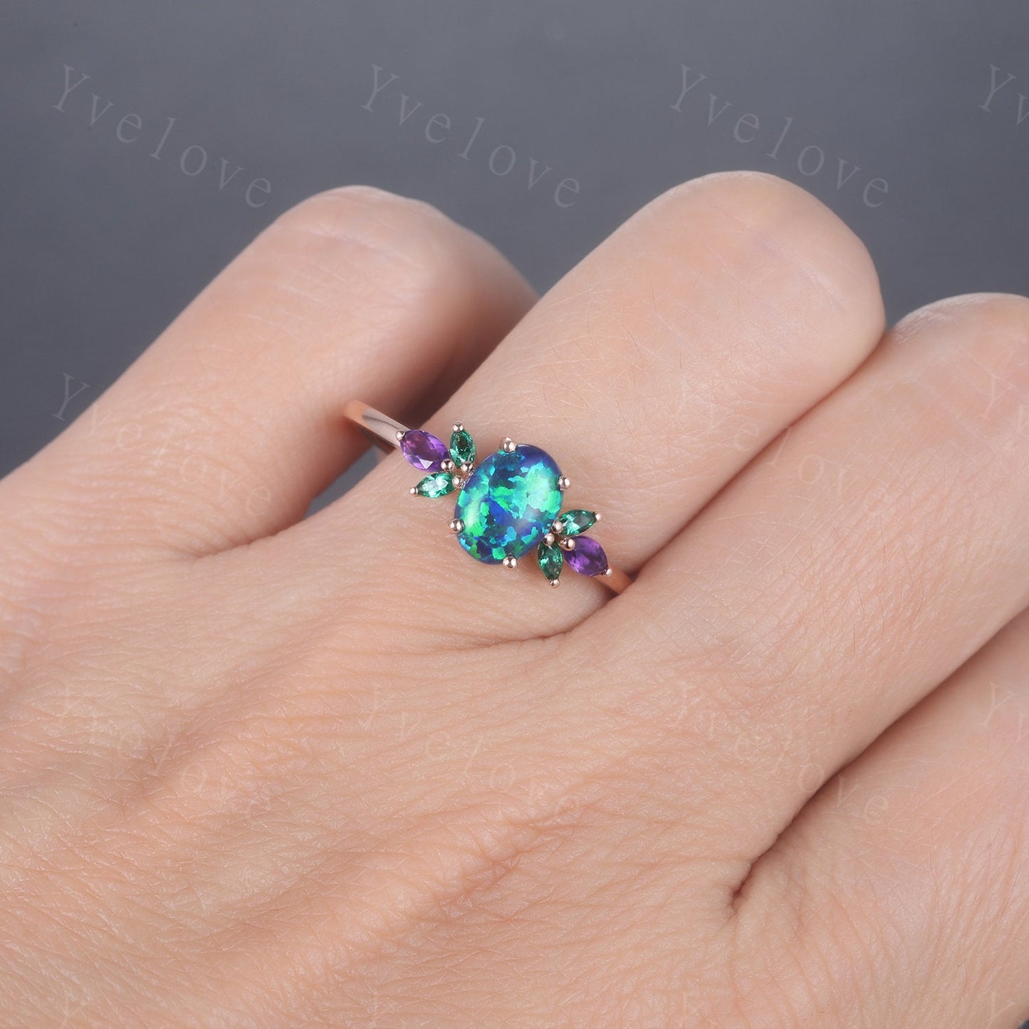 Blue Opal Engagement Ring Rose Gold Oval Opal Wedding Ring Opal Emerald Amethyst Floral Eternity Ring Vintage Design Gift For Her
