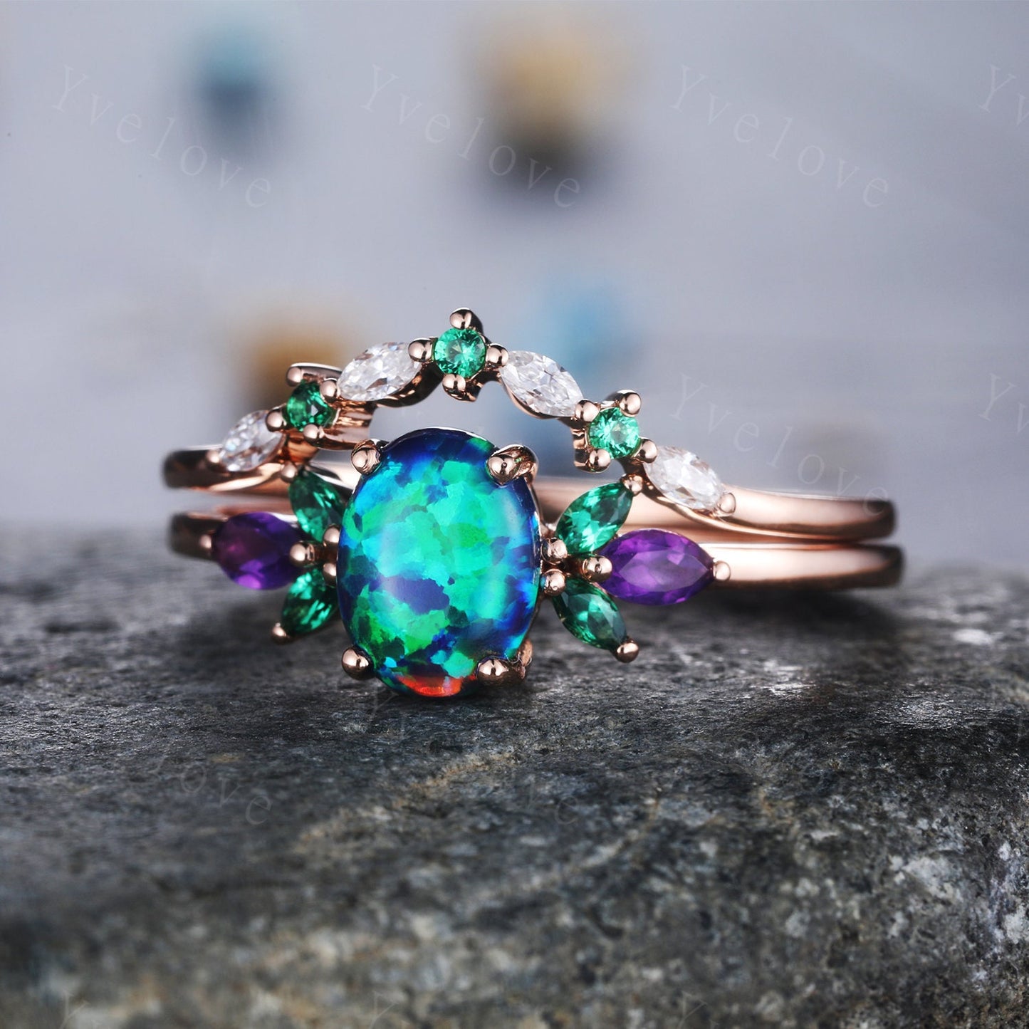 Blue Opal Wedding Ring Set Oval Opal Engagement Ring Rose Gold Wedding Ring Emerald Amethyst Floral Promise Jewelry Anniversary Gift