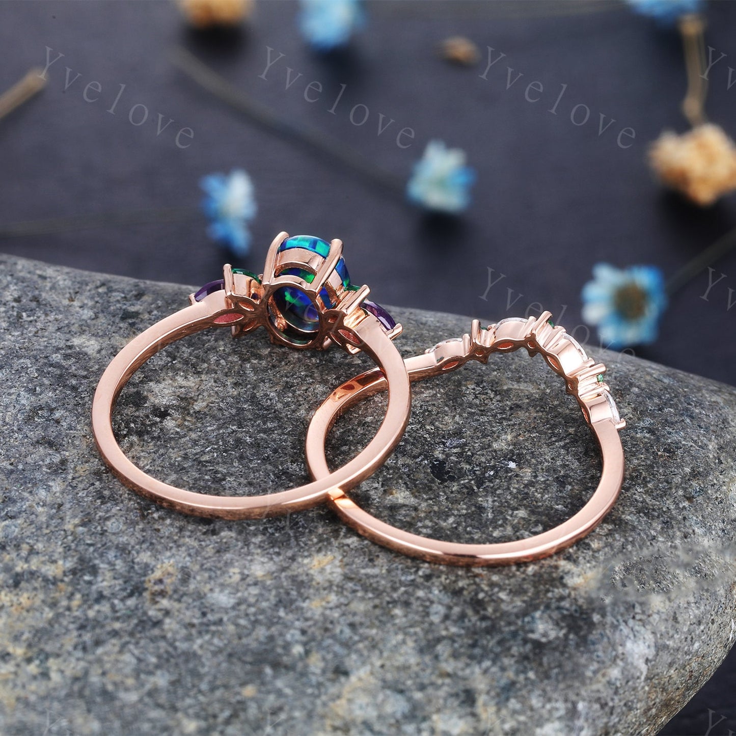 Blue Sandstone Wedding Ring Set Oval Sandstone Engagement Ring14k Gold Wedding Ring Emerald Amethyst Floral Promise Jewelry Anniversary Gift