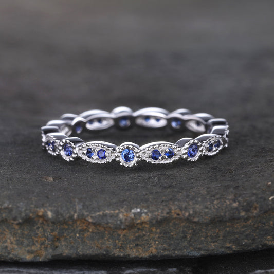Sapphire Ring, Full Eternity Sapphire Wedding Band, September Birthstone Ring, Art deco Matching Band, Anniversary Gift, Sterling Sliver