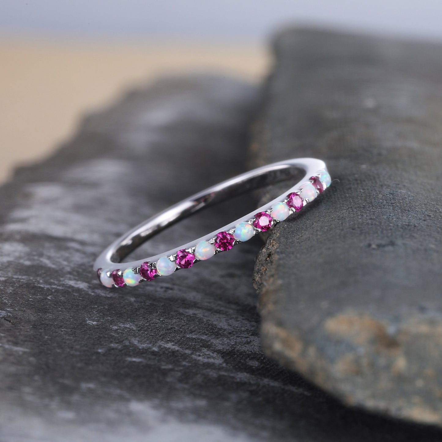 Half Eternity Opal Ruby Wedding Ring, Dainty Opal Wedding Band, Sterling Silver Ring, October Birthstone Ring, Anniversary Gift for Her