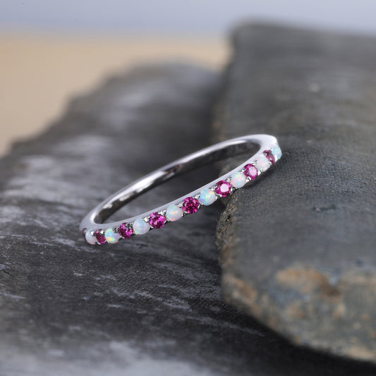 Half Eternity Opal Ruby Wedding Ring, Dainty Opal Wedding Band, Sterling Silver Ring, October Birthstone Ring, Anniversary Gift for Her