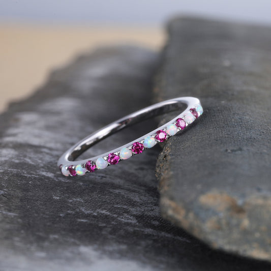 Half Eternity Opal Ruby Wedding Ring, Dainty Opal Wedding Band, Sterling Silver Ring, October Birthstone Ring, Anniversary Gift for Her